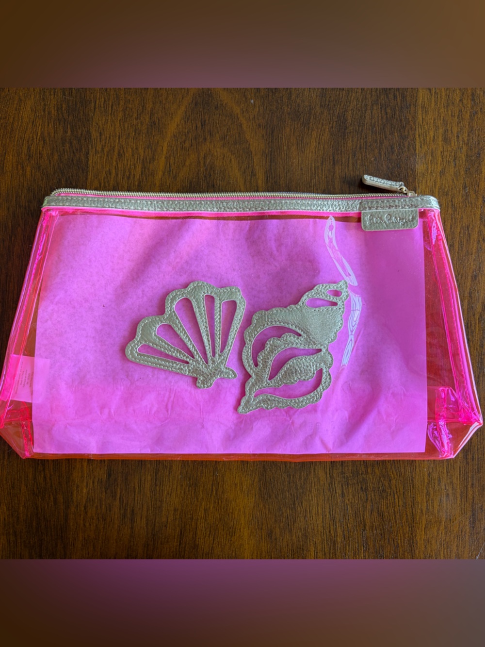 Lilly Pulitzer Pink Clear Cosmetic Pouch with Gold Shell Motif